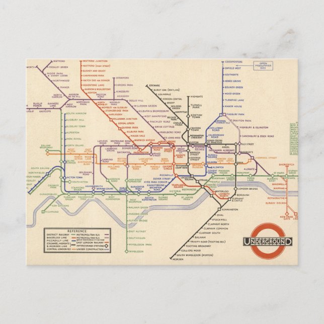 Cartão Postal Mapa dos Caminhos de Ferro Subterrâneos de Londres (Frente)