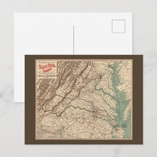 Cartão Postal Mapa dos campos de batalha da Guerra Civil da Virg (Frente/Verso)