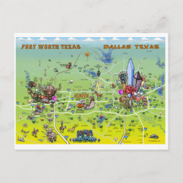 Cartão Postal Mapa dos desenhos animados de Dallas Fort Worth