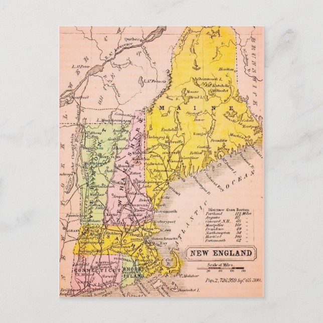 Cartão Postal Mapa dos Estados da Nova Inglaterra em Postal (Frente)