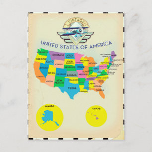 Cartão Postal Mapa dos Estados Unidos da América em estilo retrô