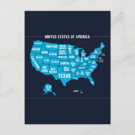 Cartão Postal Mapa dos Estados Unidos Design Minimalista Azul Tu