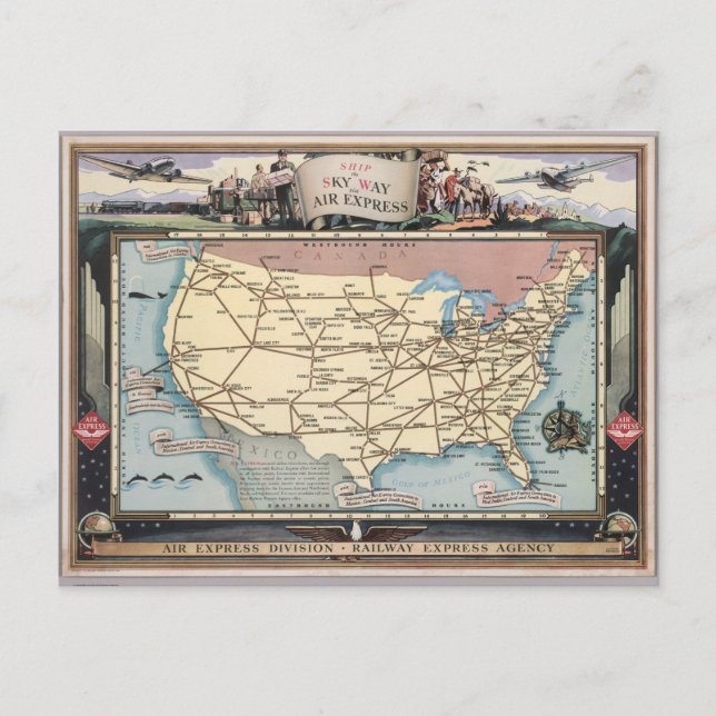 Cartão Postal Mapa dos Estados Unidos Enviar o Skyway via Air Ex (Frente)