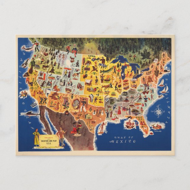 Cartão Postal Mapa dos Estados Unidos - Férias e Jogar (Frente)