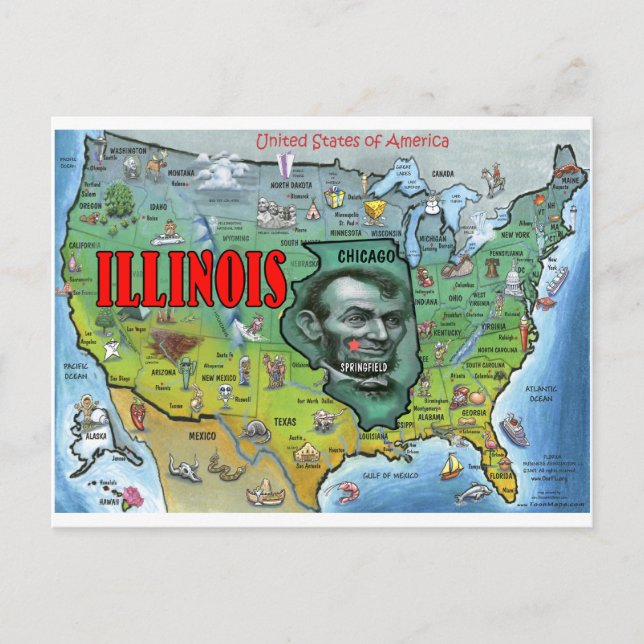 Cartão Postal Mapa dos EUA de Illinois (Frente)