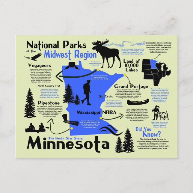 Cartão Postal Mapa dos Parques Nacionais de Minnesota (Frente)