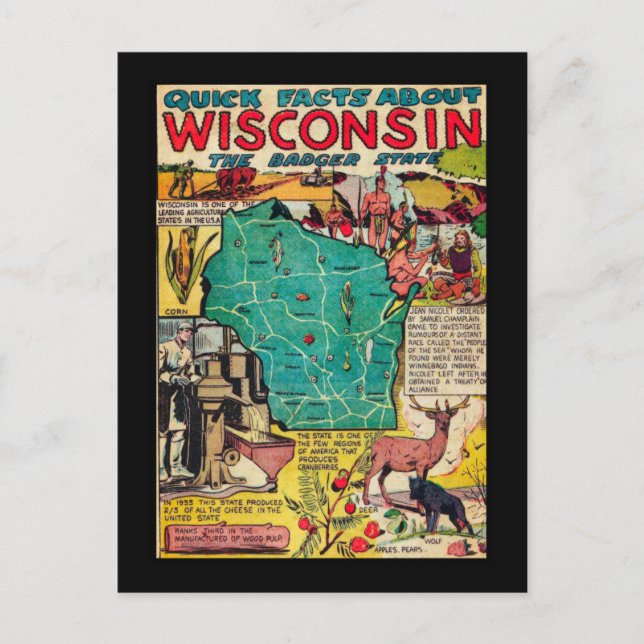Cartão Postal Mapa e Fatos de Wisconsin (Frente)
