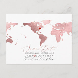 Cartão Postal Mapa em Rose Gold, Save the Date para Qualquer Des