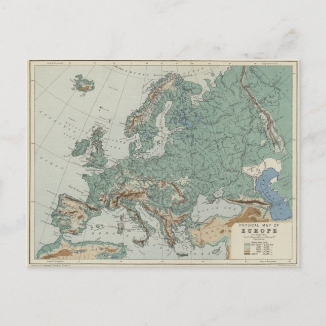 Cartão Postal Mapa físico da Europa (Frente)