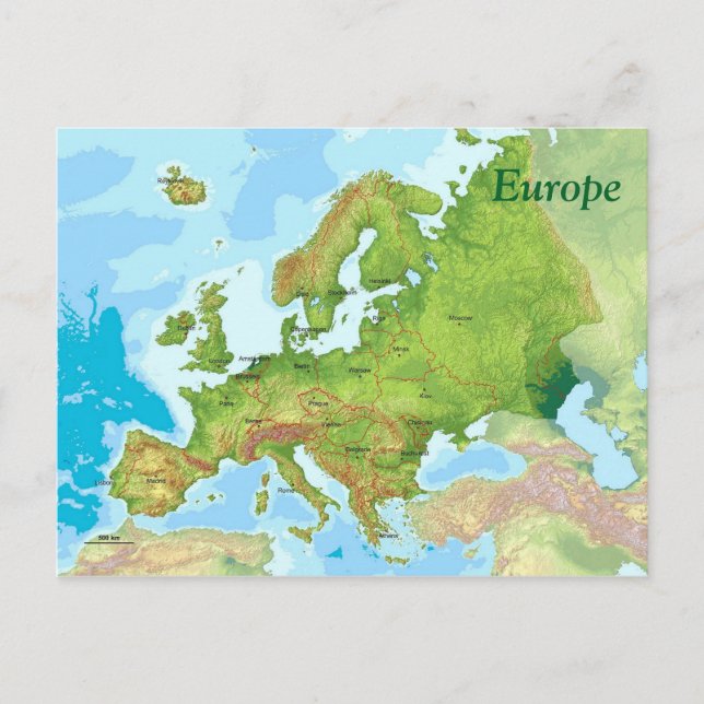 Cartão Postal Mapa geográfico da Europa (Frente)