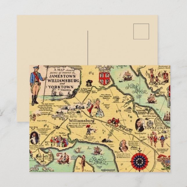 Cartão Postal Mapa Histórico de Williamsburg (Frente/Verso)