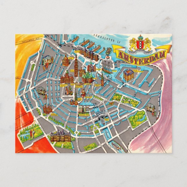 Cartão Postal Mapa Ilustrado Antigo de Amsterdã (Frente)