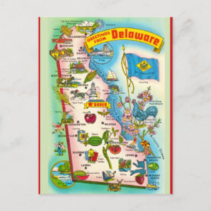Cartão Postal Mapa Ilustrado Antigo de Delaware