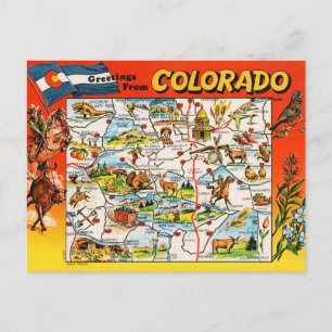 Cartão Postal Mapa Ilustrado Antigo do Colorado 
