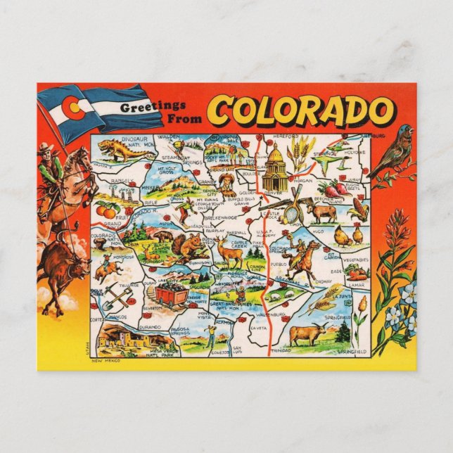 Cartão Postal Mapa ilustrado antigo do Colorado (Frente)
