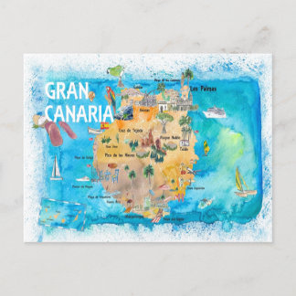 Cartão Postal Mapa Ilustrado da Espanha Gran Canary Canarias