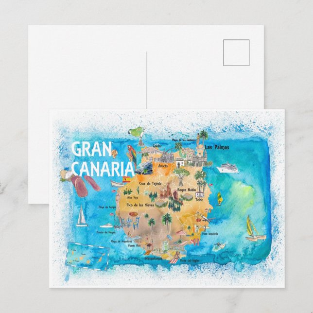 Cartão Postal Mapa Ilustrado da Espanha Gran Canary Canarias (Frente/Verso)