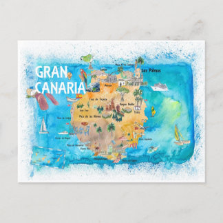 Cartão Postal Mapa Ilustrado da Espanha Gran Canary Canarias