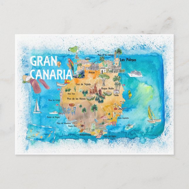 Cartão Postal Mapa Ilustrado da Espanha Gran Canary Canarias (Frente)