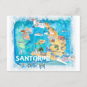 Cartão Postal Mapa Ilustrado da Grécia Santorini com Estradas Pr