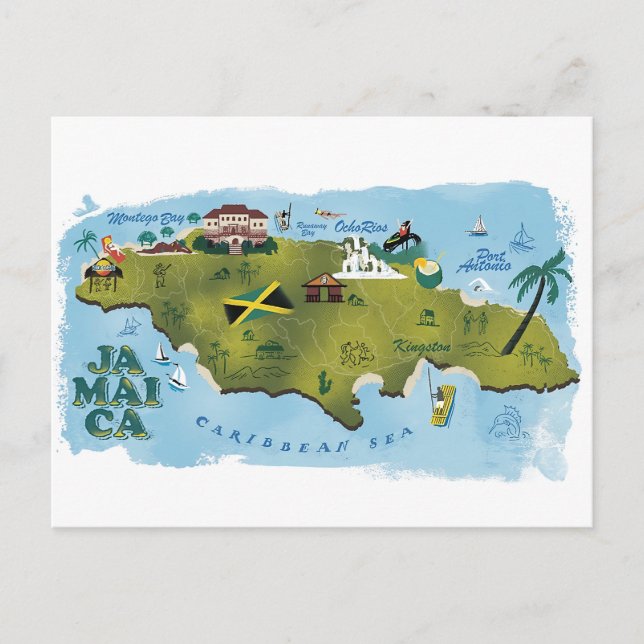 Cartão Postal Mapa Ilustrado da Jamaica (Frente)