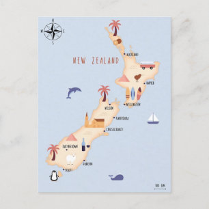 Cartão Postal Mapa ilustrado da Nova Zelândia