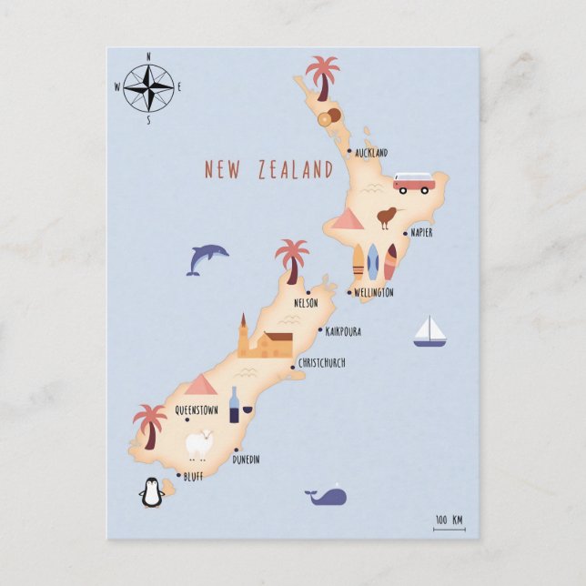 Cartão Postal Mapa ilustrado da Nova Zelândia (Frente)
