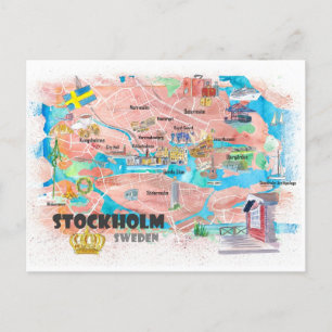 Cartão Postal Mapa Ilustrado da Suecia de Estocolmo