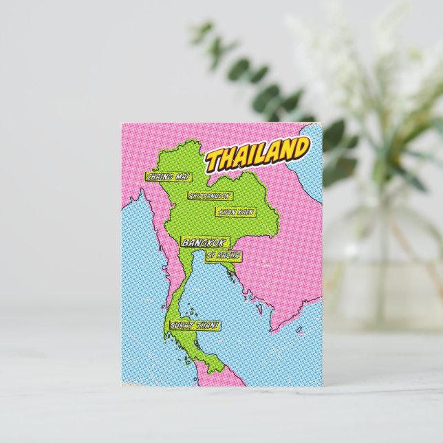 Cartão Postal Mapa ilustrado da Tailândia em Pop Art (Em pé/Frente)