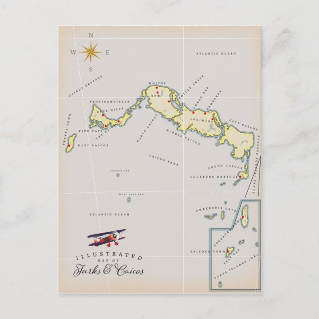 Cartão Postal Mapa ilustrado das Ilhas Turcas e Caicos (Frente)