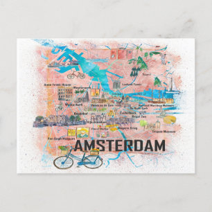 Cartão Postal Mapa Ilustrado de Amsterdã Holanda