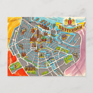 Cartão Postal Mapa Ilustrado de Amsterdã Vintage