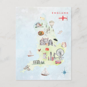 Cartão Postal Mapa Ilustrado de Aquarela da Arte da Inglaterra