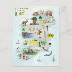 Cartão Postal Mapa Ilustrado de Aquarela da Arte da Irlanda