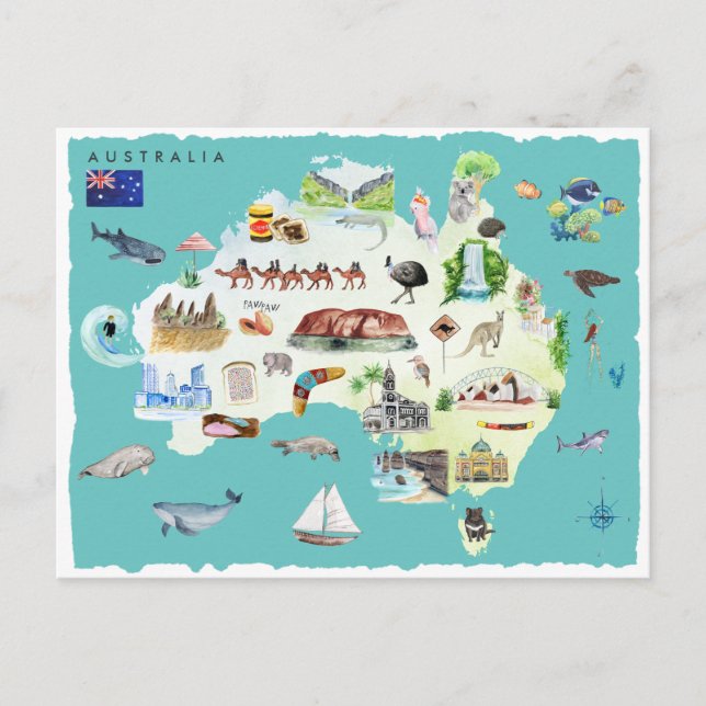Cartão Postal Mapa Ilustrado de Aquarela da Austrália (Frente)