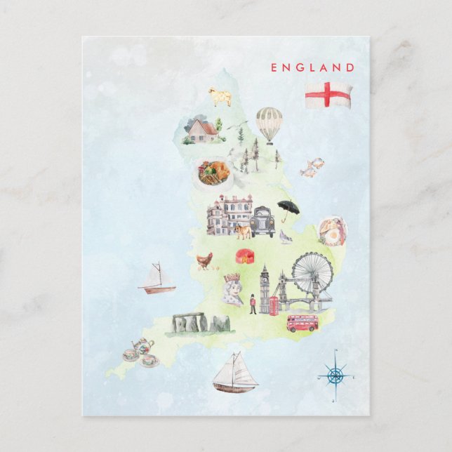 Cartão Postal Mapa Ilustrado de Aquarela de Arte da Inglaterra (Frente)