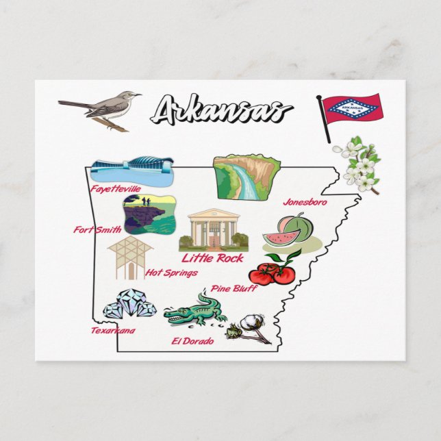 Cartão Postal Mapa ilustrado de Arkansas nos EUA (Frente)