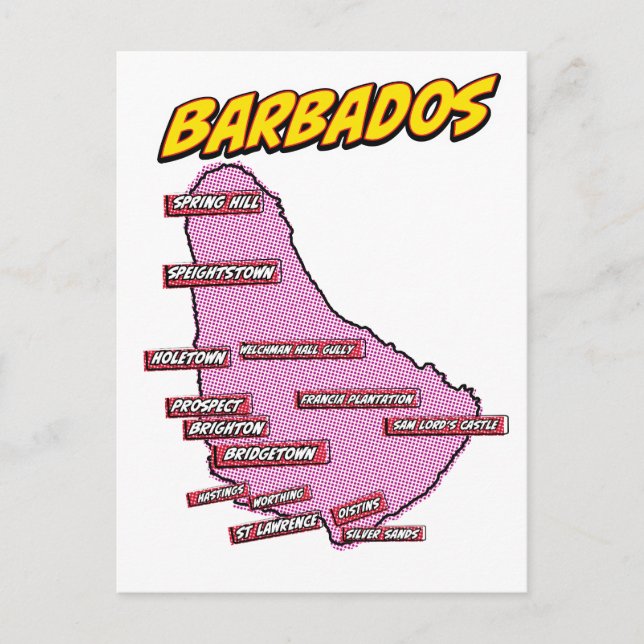 Cartão Postal Mapa ilustrado de Barbados em Pop Art (Frente)