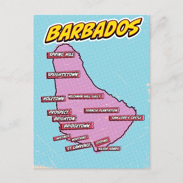 Cartão Postal Mapa ilustrado de Barbados em Pop Art (Frente)