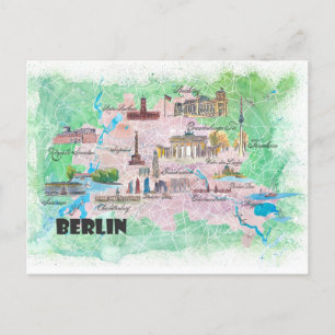 Cartão Postal Mapa Ilustrado de Berlim Alemanha com Principais R