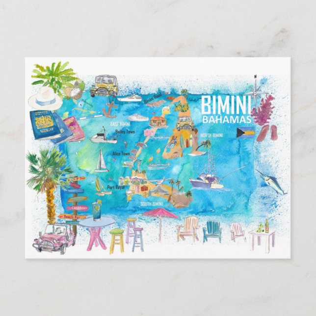 Cartão Postal Mapa Ilustrado de Bimini Bahamas (Frente)