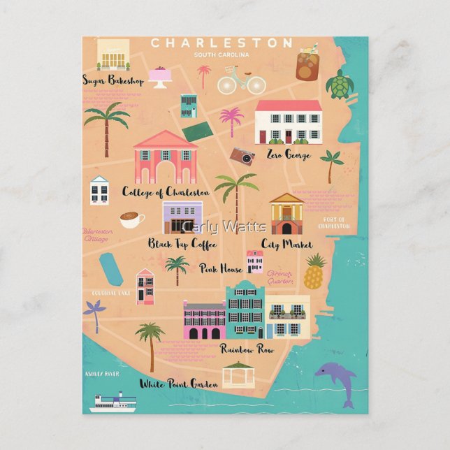 Cartão Postal Mapa Ilustrado de Charleston (Frente)