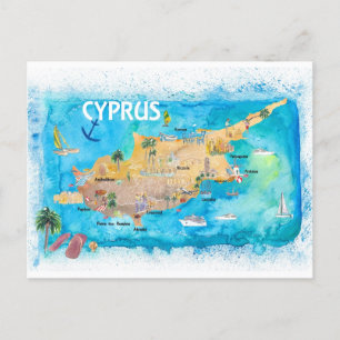 Cartão Postal Mapa Ilustrado de Chipre com Marcas Móveis Princip