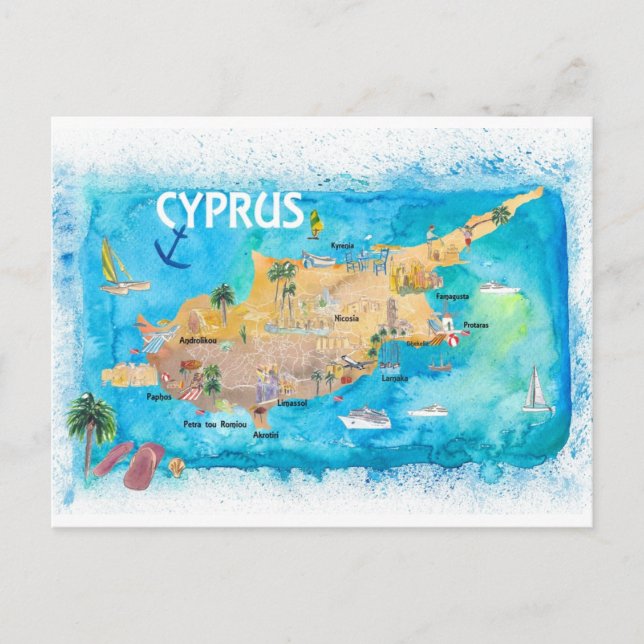 Cartão Postal Mapa Ilustrado de Chipre com Marcas Móveis Princip (Frente)