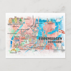 Cartão Postal Mapa Ilustrado de Copenhague Dinamarca com Princip