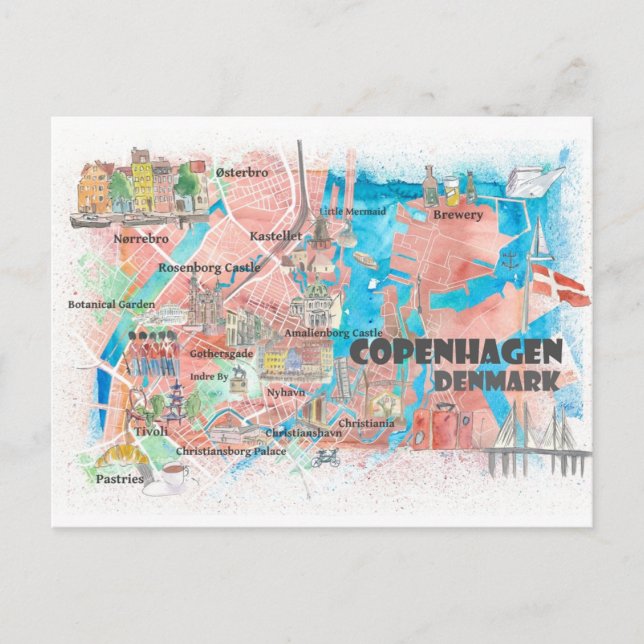 Cartão Postal Mapa Ilustrado de Copenhague Dinamarca com Princip (Frente)