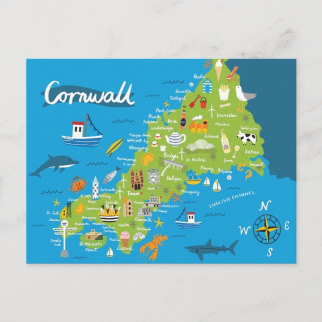 Cartão Postal Mapa Ilustrado de Cornualha (Frente)