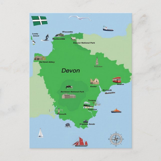 Cartão Postal Mapa Ilustrado de Devon (Frente)