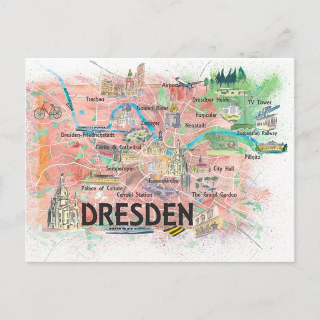 Cartão Postal Mapa Ilustrado de Dresden Sachsen - Alemanha (Frente)