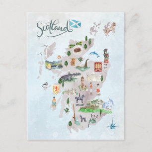 Cartão Postal Mapa Ilustrado de Escócia em Aquarela Arte